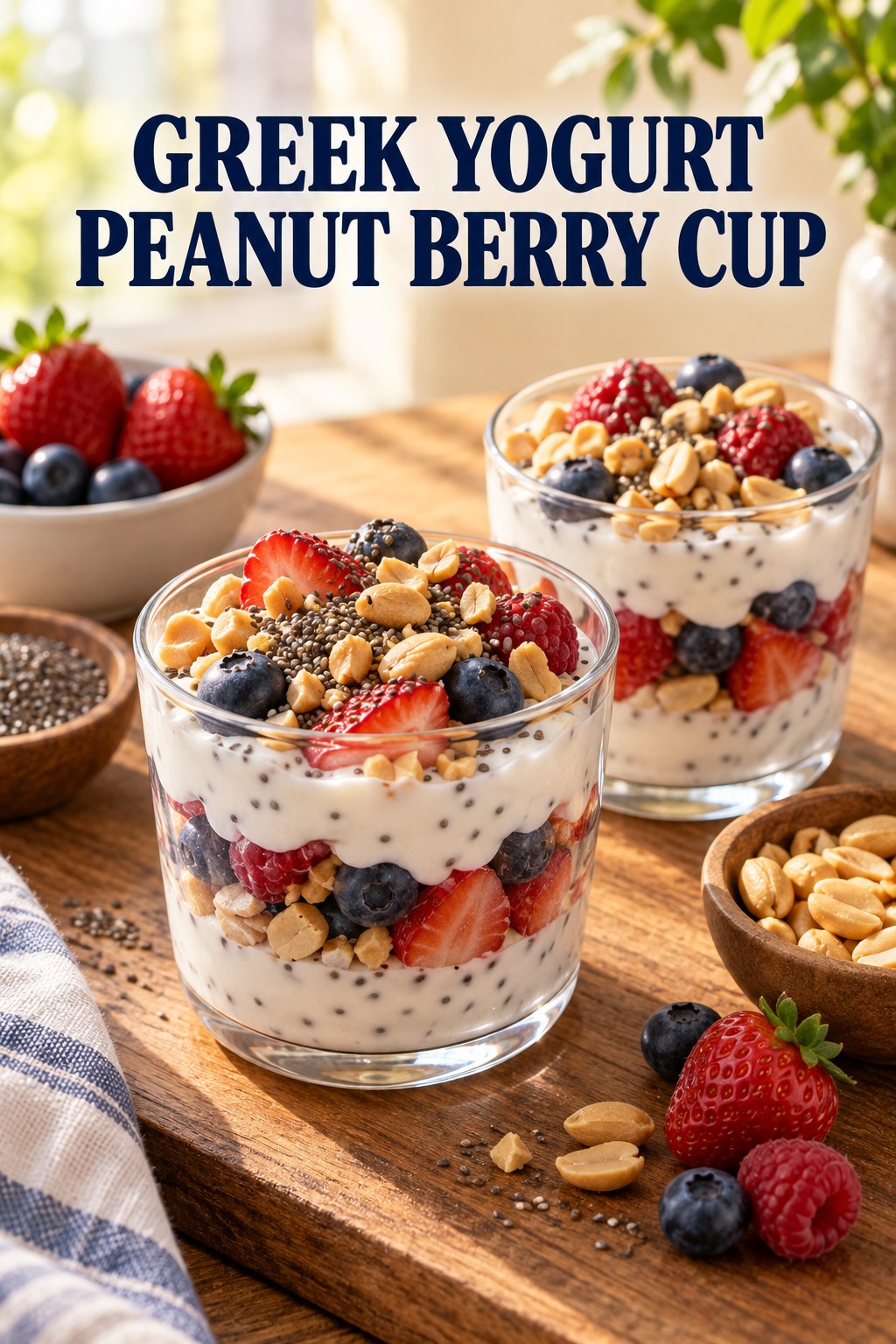 Two servings of greek yogurt peanut berry cup with Greek yogurt and peanuts.