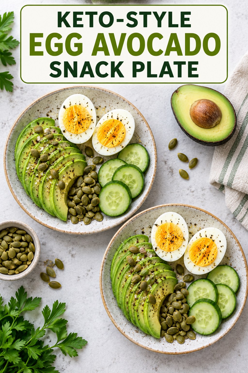 Two servings of keto-style egg avocado snack plate with egg and avocado.