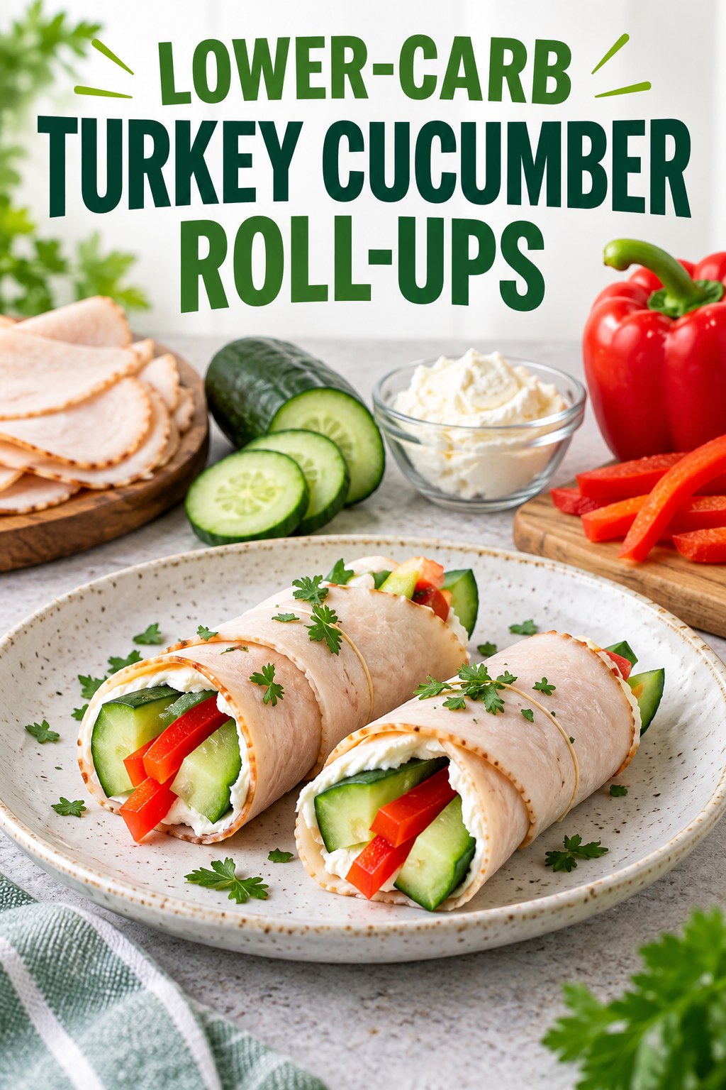 Two servings of lower-carb turkey cucumber roll-ups with turkey and cucumber.