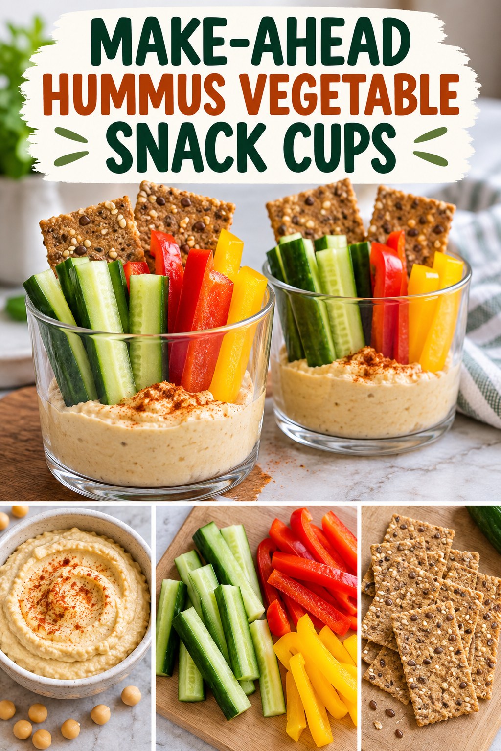 Two servings of make-ahead hummus vegetable snack cups with hummus and cucumber.