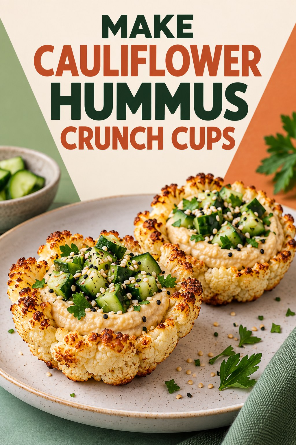 Two servings of make cauliflower hummus crunch cups with cauliflower and hummus.
