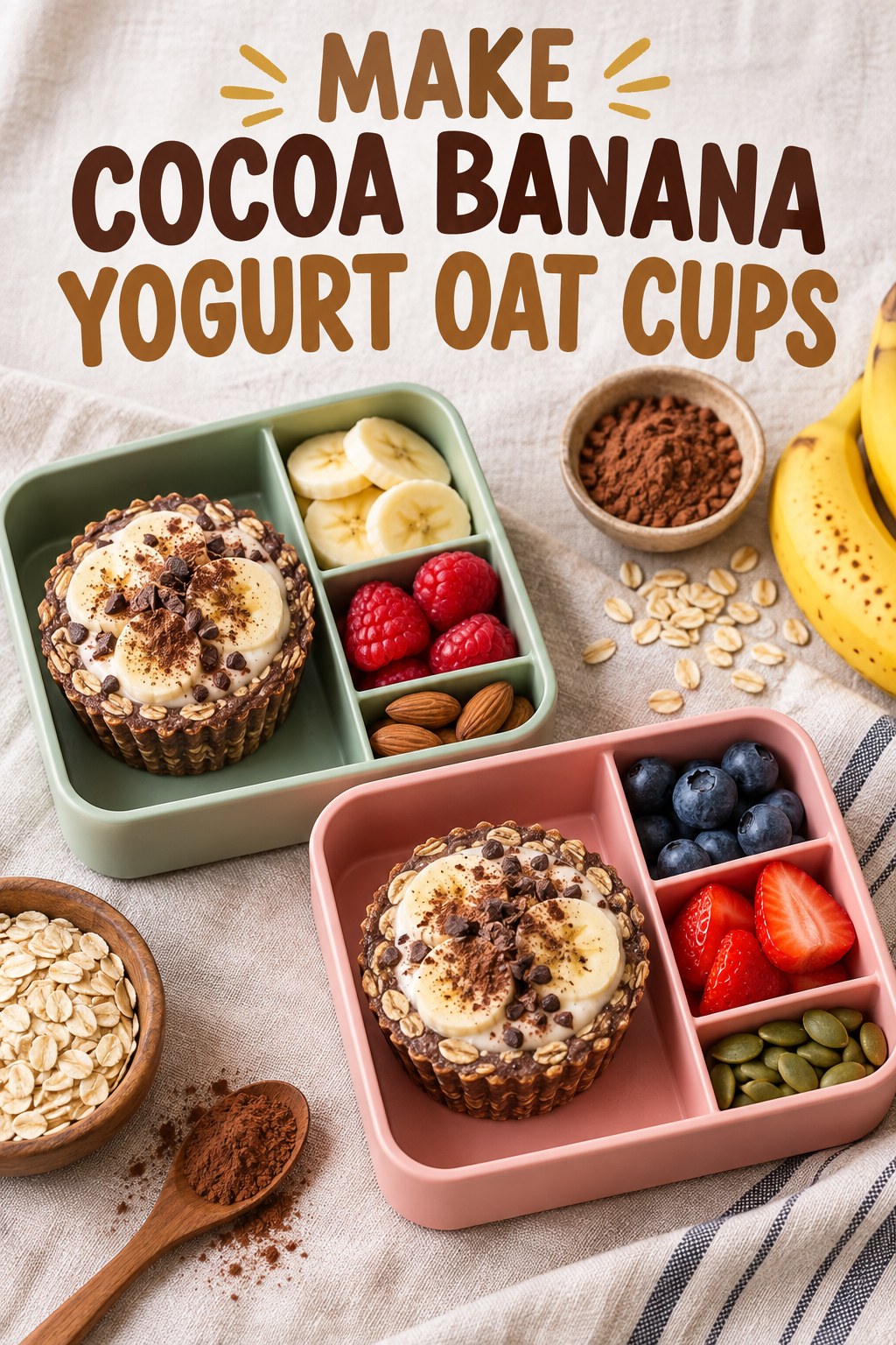 Two servings of make cocoa banana yogurt oat cups with banana and Greek yogurt.