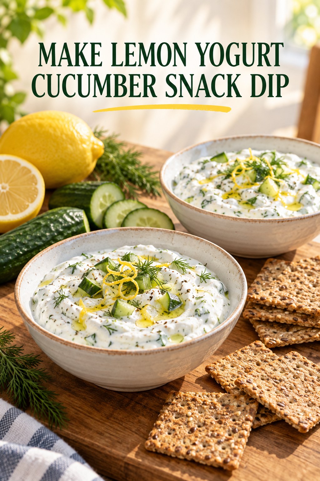 Two servings of make lemon yogurt cucumber snack dip with Greek yogurt and cucumber.