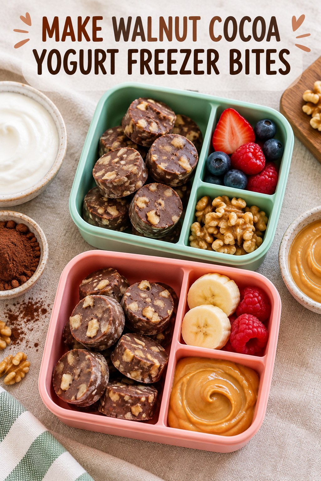 Two servings of make walnut cocoa yogurt freezer bites with Greek yogurt and walnuts.