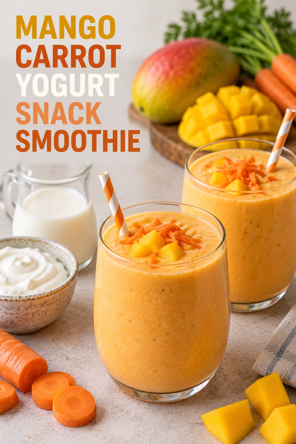 Two servings of mango carrot yogurt snack smoothie with mango and carrot.