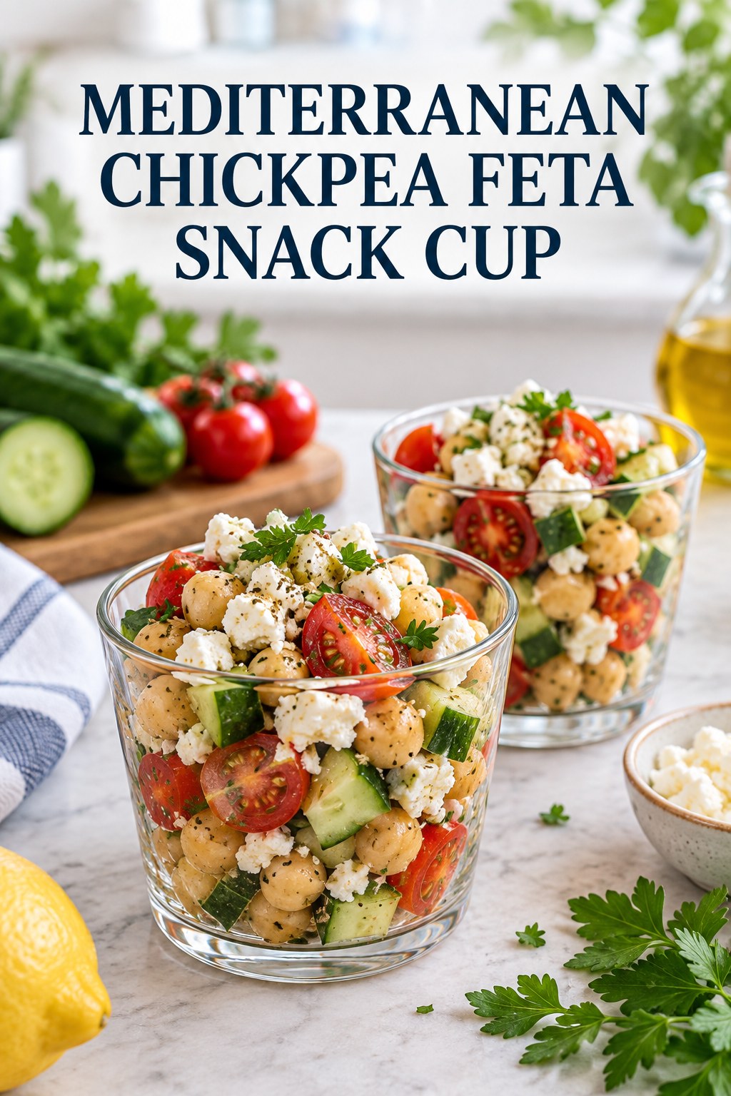 Two servings of mediterranean chickpea feta snack cup with chickpeas and feta.