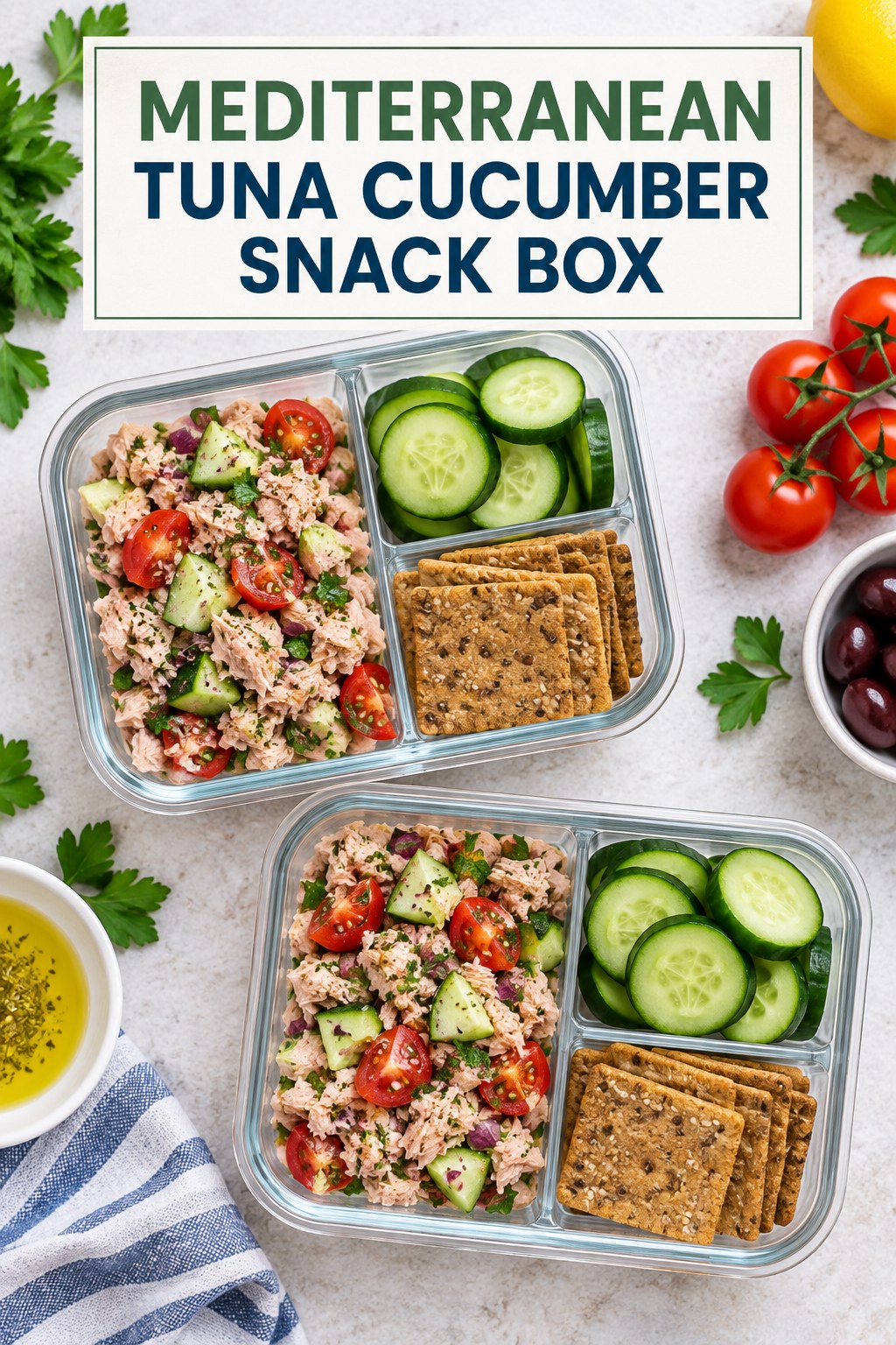 Two servings of mediterranean tuna cucumber snack box with tuna and cucumber.