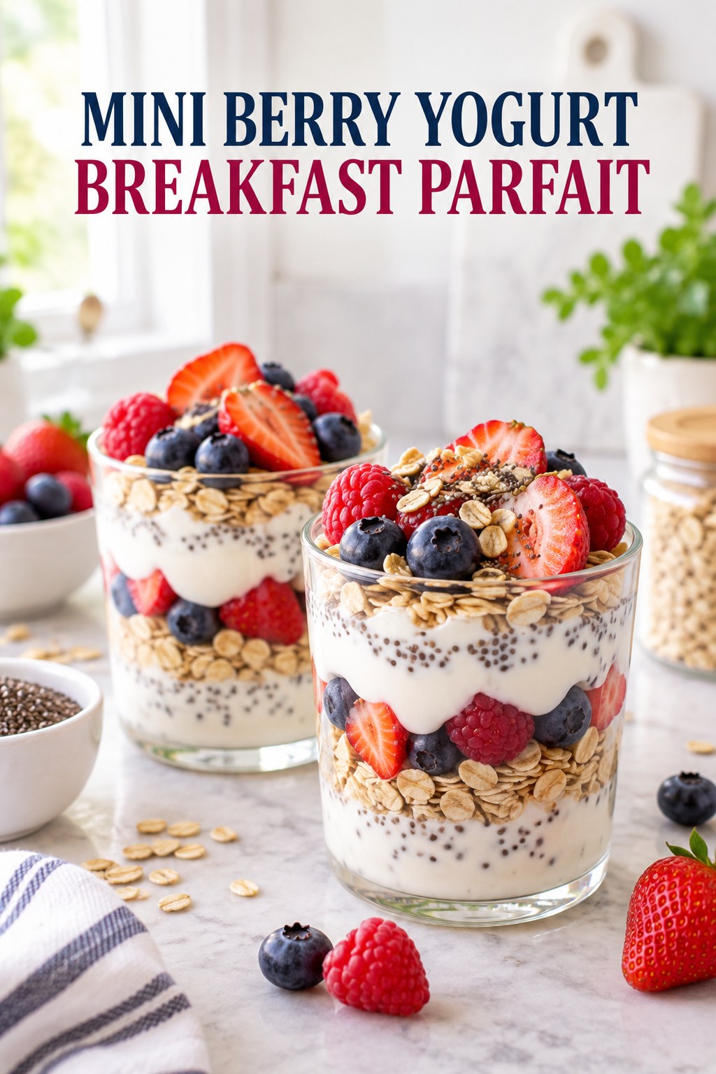 Two servings of mini berry yogurt breakfast parfait with Greek yogurt and berries.