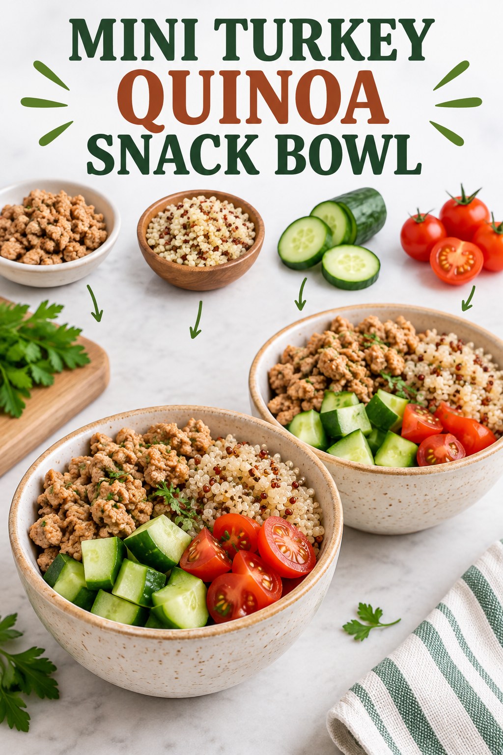 Two servings of mini turkey quinoa snack bowl with turkey and quinoa.