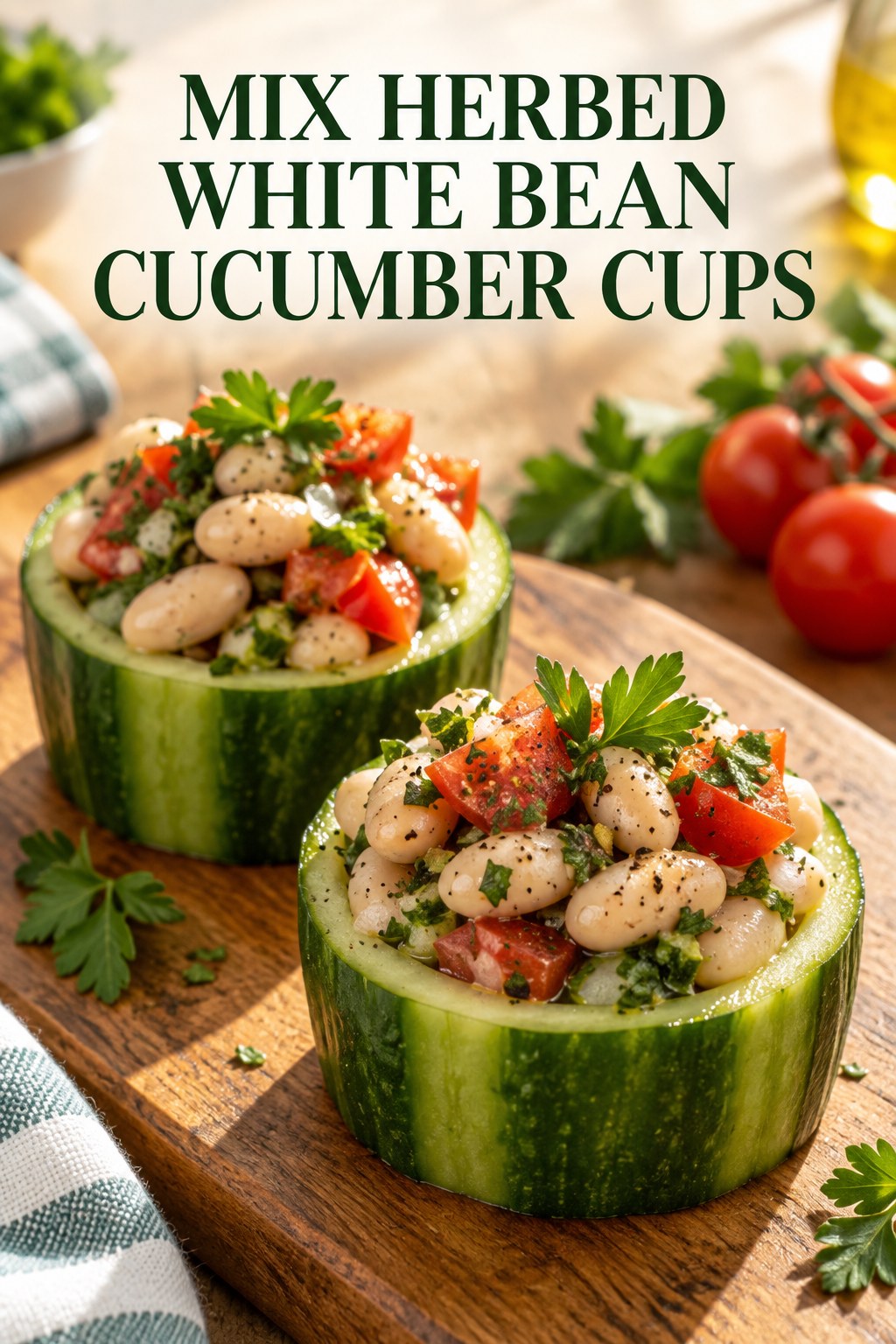 Two servings of mix herbed white bean cucumber cups with white beans and cucumber.