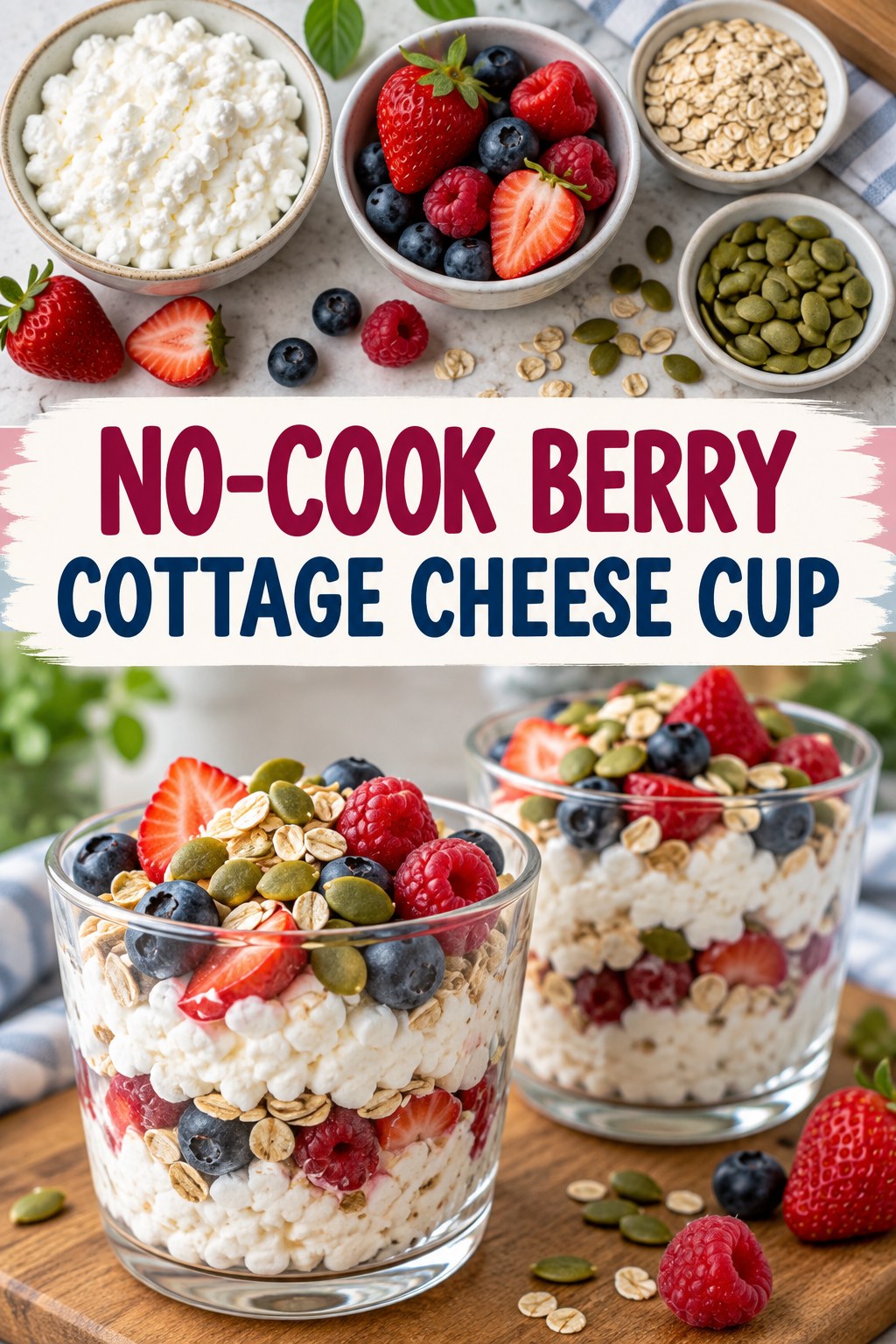 Two servings of no-cook berry cottage cheese cup with cottage cheese and berries.