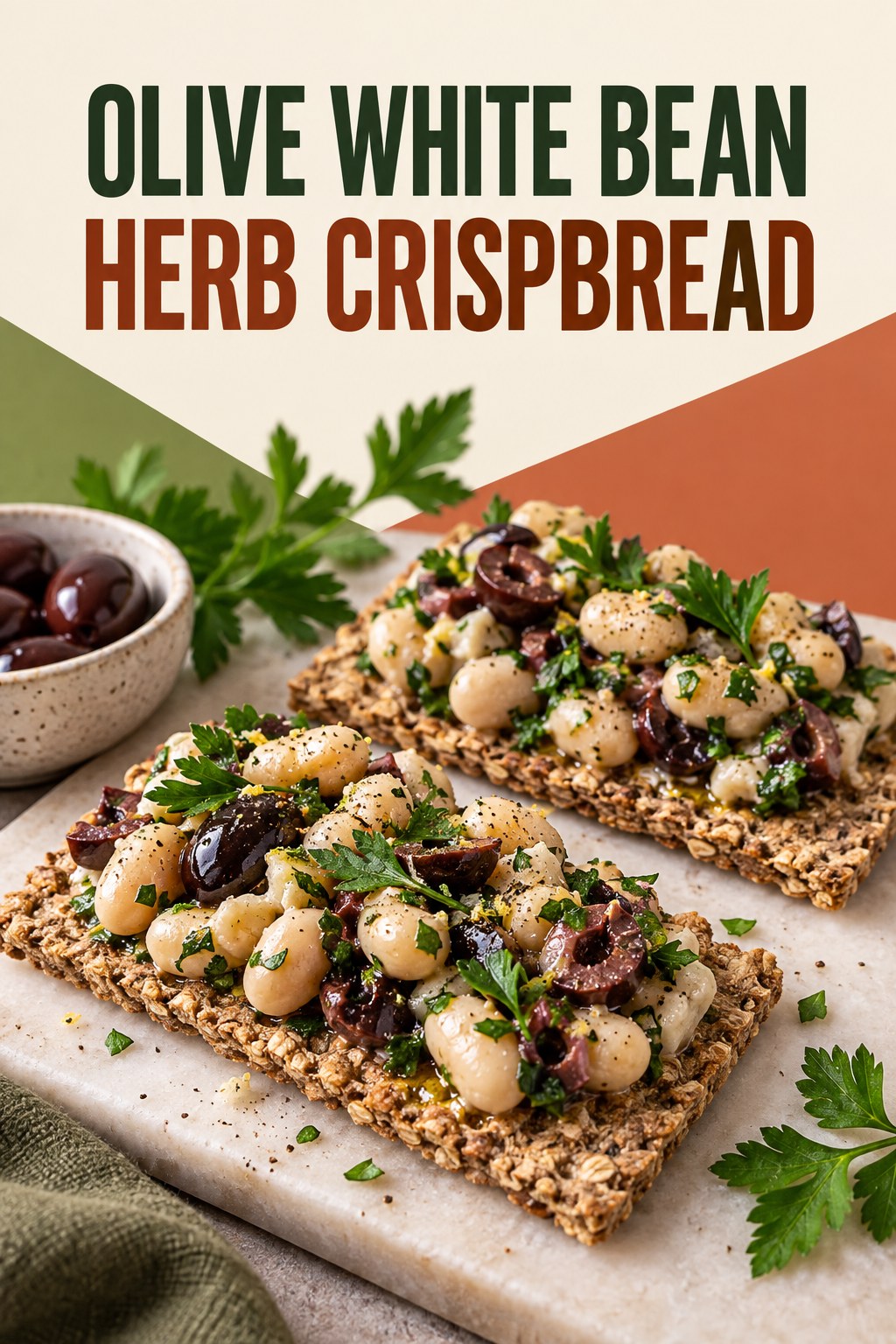 Two servings of olive white bean herb crispbread with white beans and olives.
