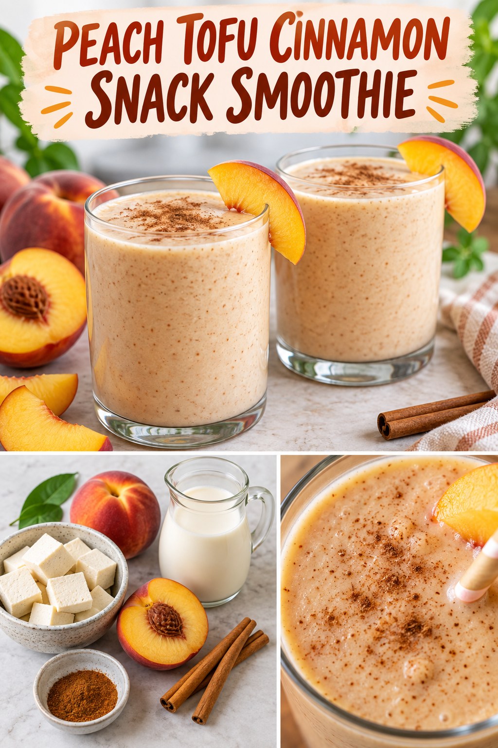 Two servings of peach tofu cinnamon snack smoothie with tofu and peach.