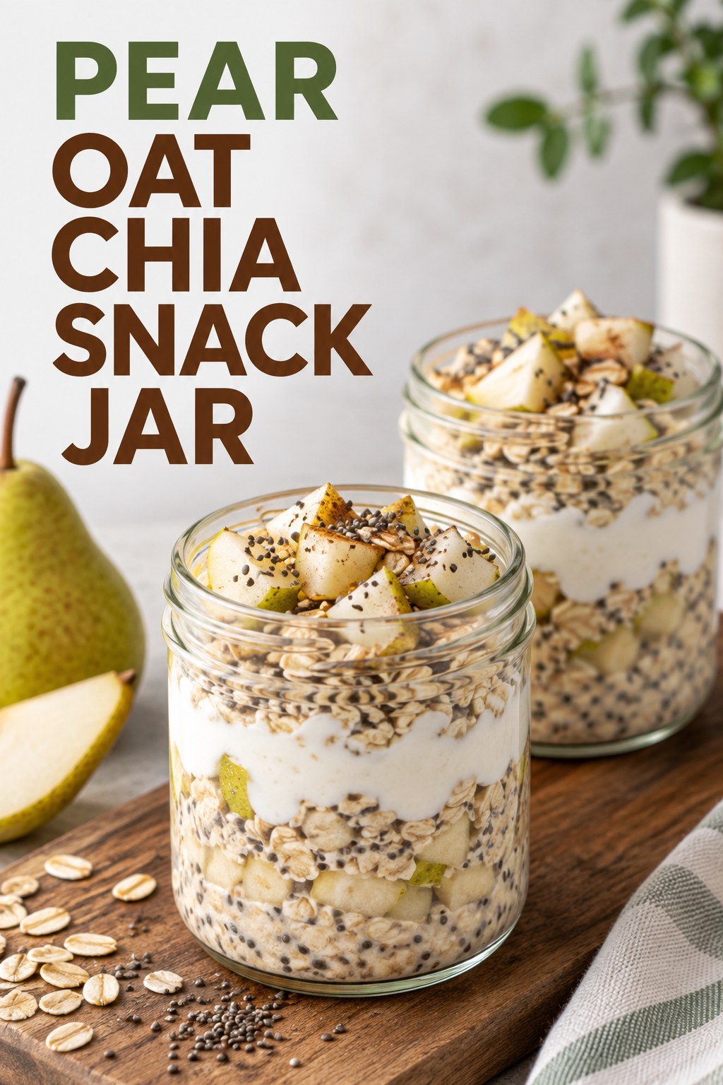 Two servings of pear oat chia snack jar with pear and oats.