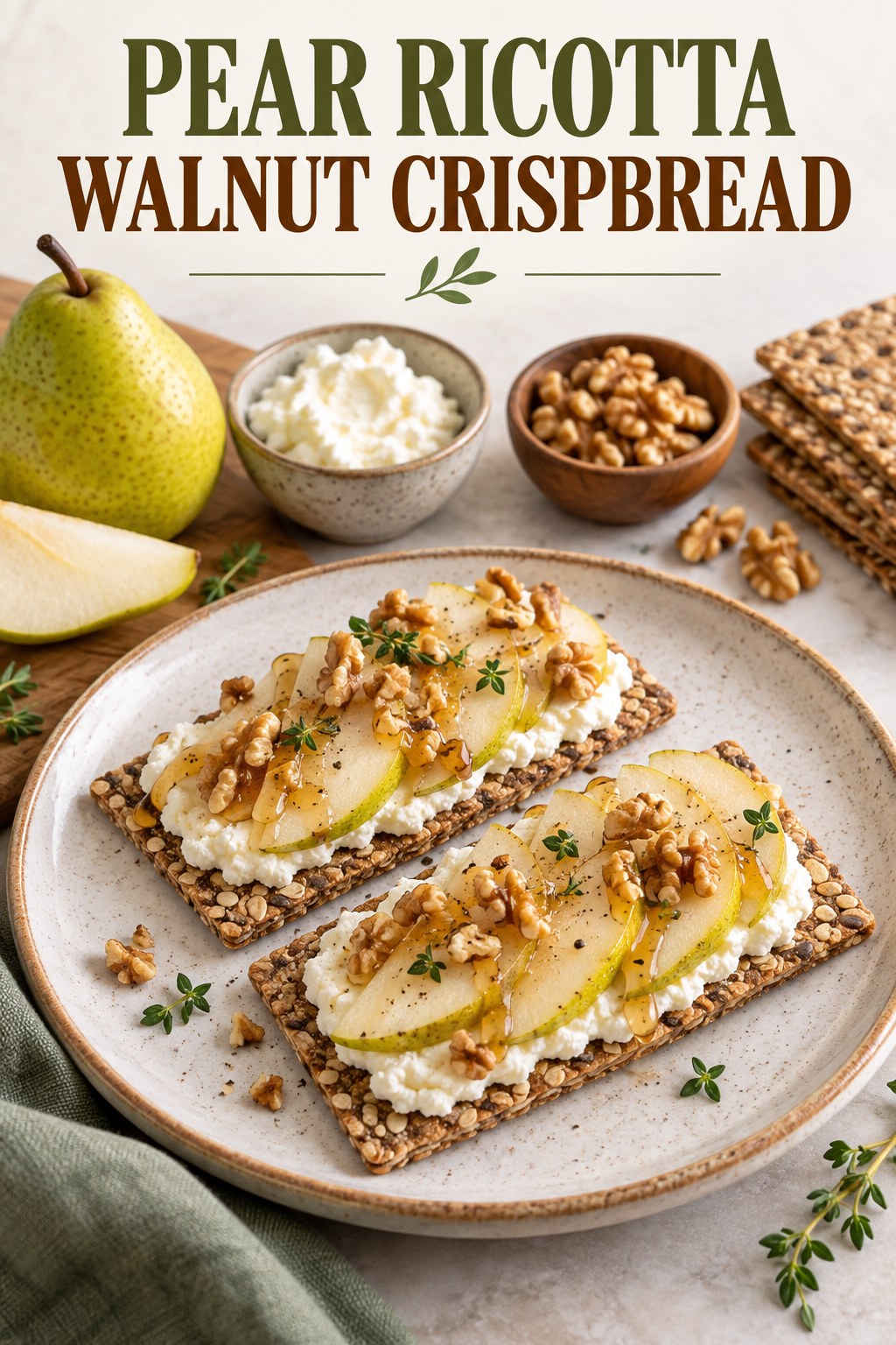 Two servings of pear ricotta walnut crispbread with pear and ricotta.