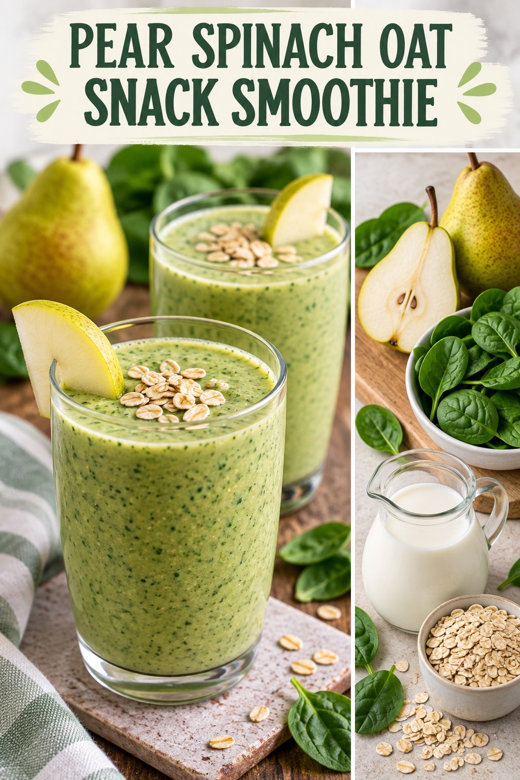 Two servings of pear spinach oat snack smoothie with pear and spinach.