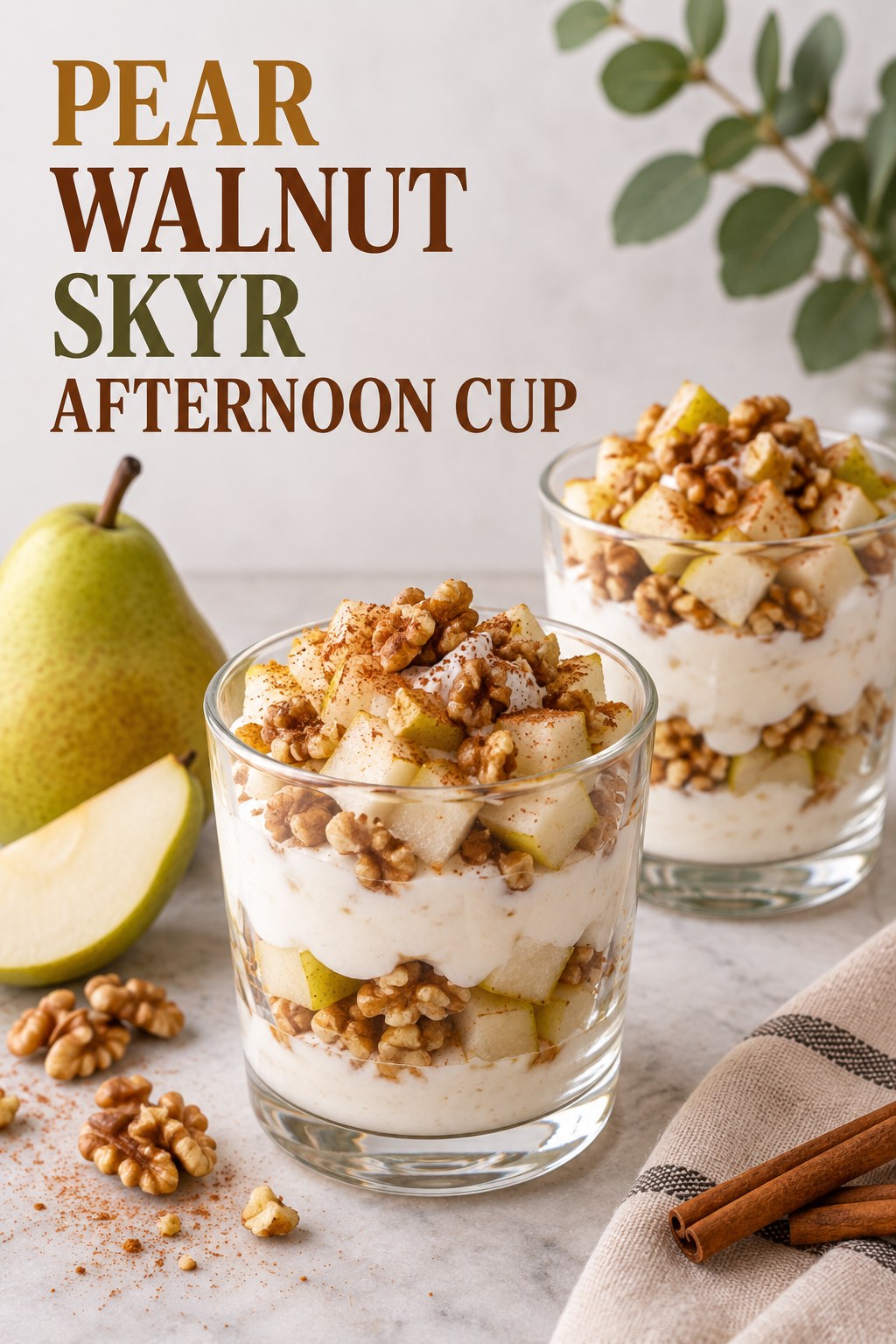 Two servings of pear walnut skyr afternoon cup with skyr and pear.