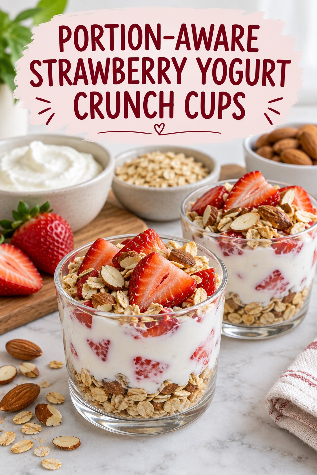 Two servings of portion-aware strawberry yogurt crunch cups with Greek yogurt and strawberries.