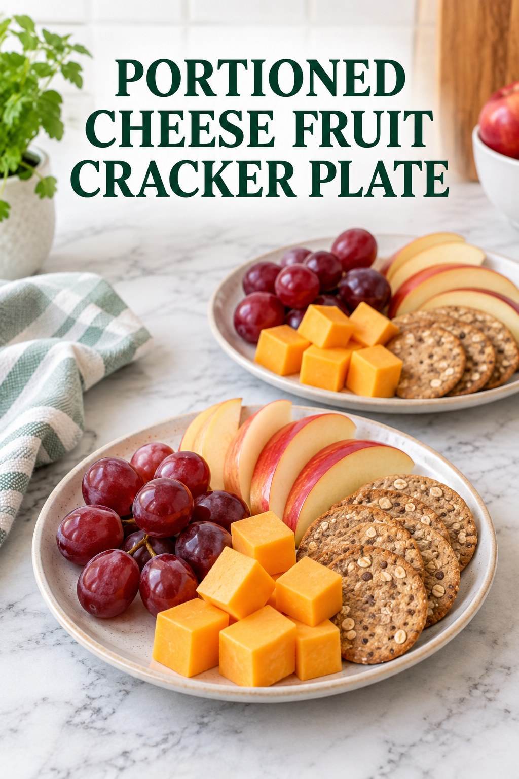 Two servings of portioned cheese fruit cracker plate with cheddar and grapes.
