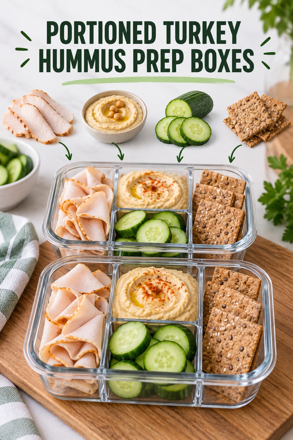 Two servings of portioned turkey hummus prep boxes with turkey and hummus.