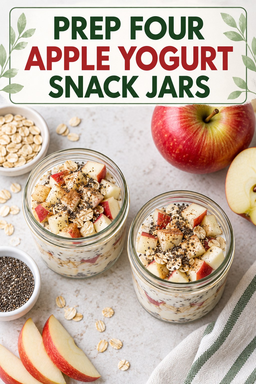 Two servings of prep four apple yogurt snack jars with apple and Greek yogurt.