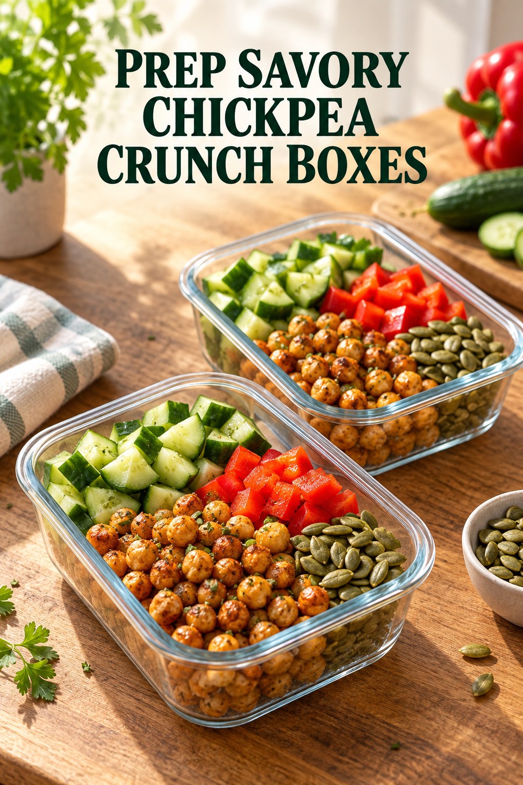Two servings of prep savory chickpea crunch boxes with chickpeas and cucumber.