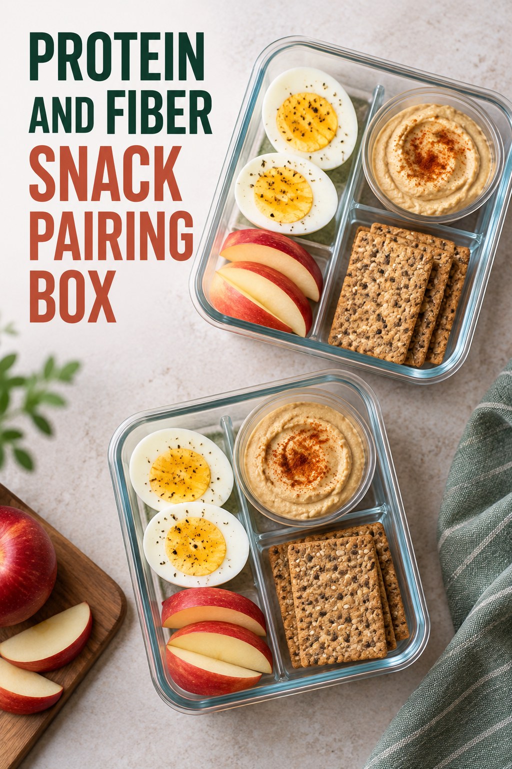 Two servings of protein and fiber snack pairing box with egg and hummus.