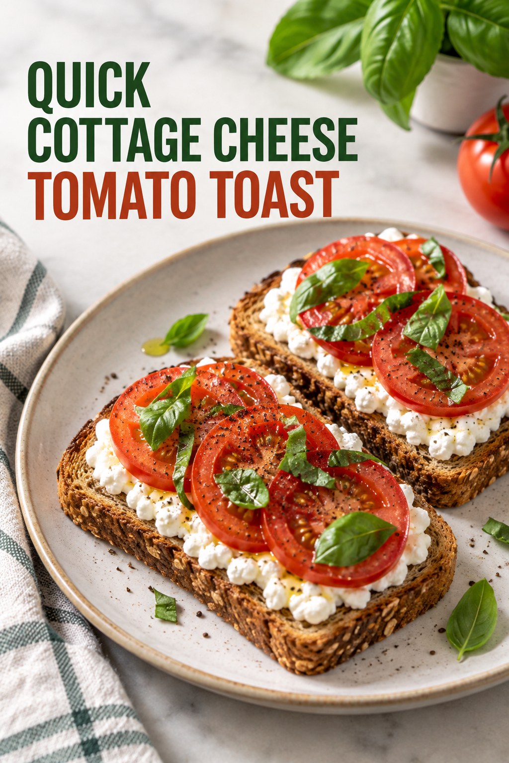 Two servings of quick cottage cheese tomato toast with cottage cheese and tomato.