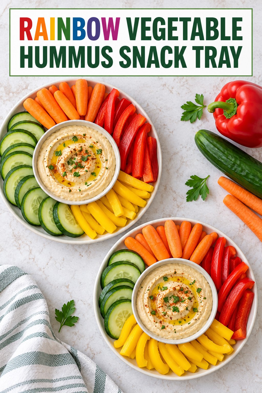 Two servings of rainbow vegetable hummus snack tray with hummus and cucumber.