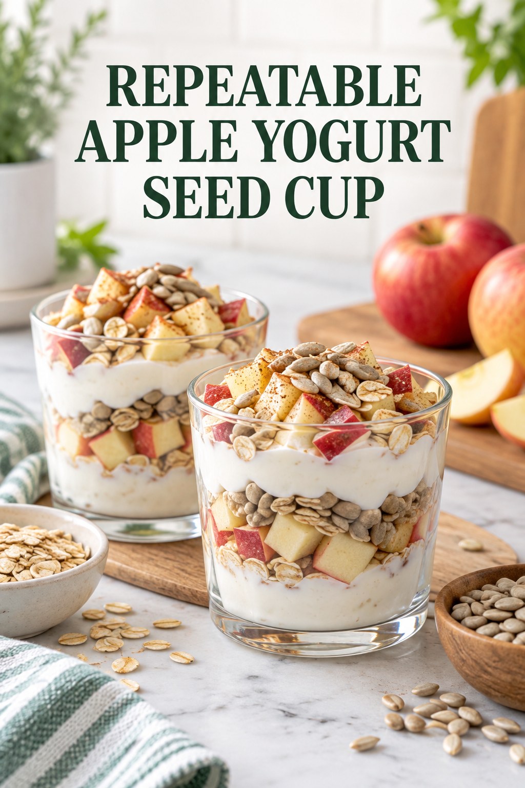 Two servings of repeatable apple yogurt seed cup with apple and Greek yogurt.