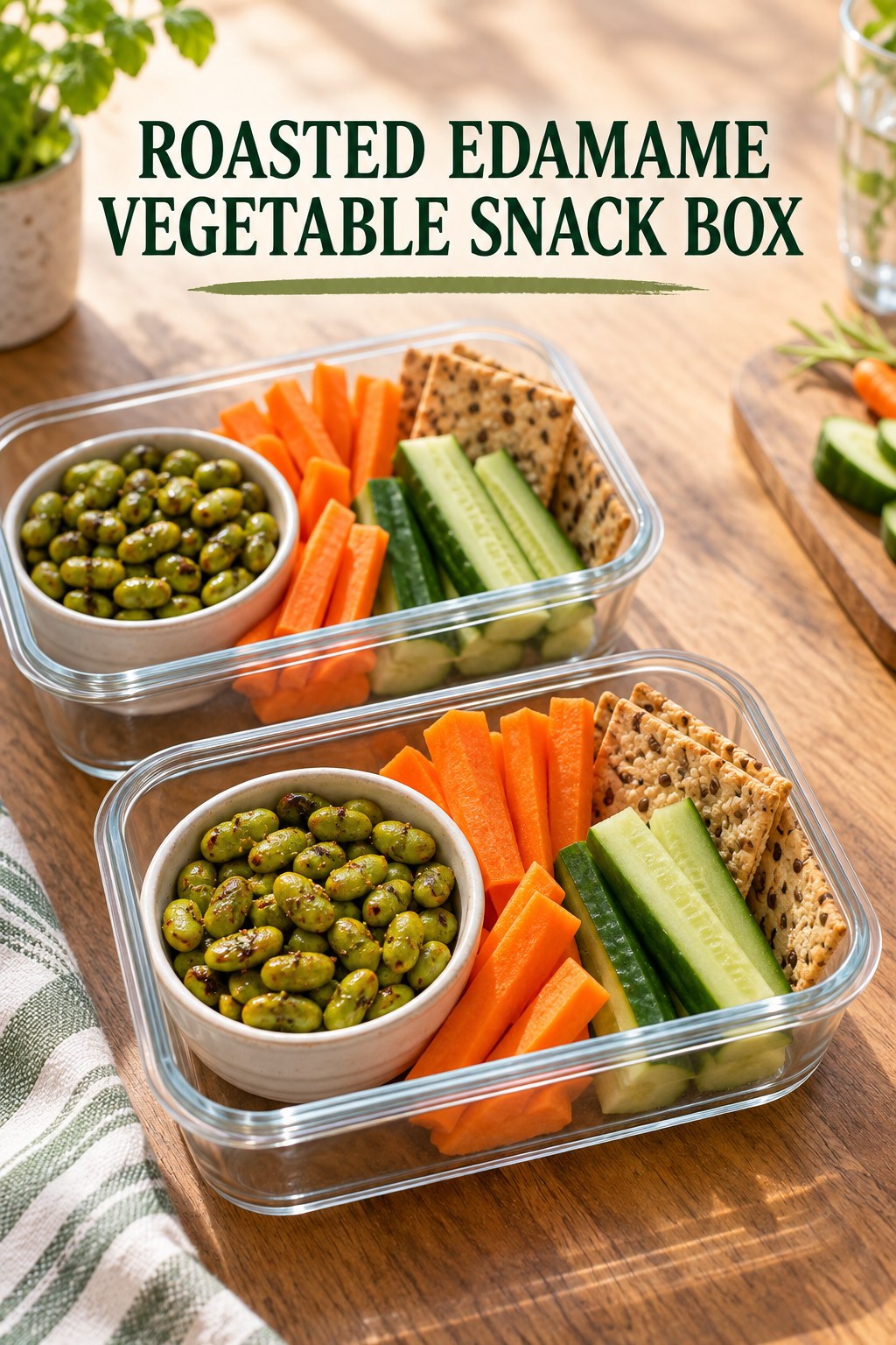 Two servings of roasted edamame vegetable snack box with edamame and carrot.