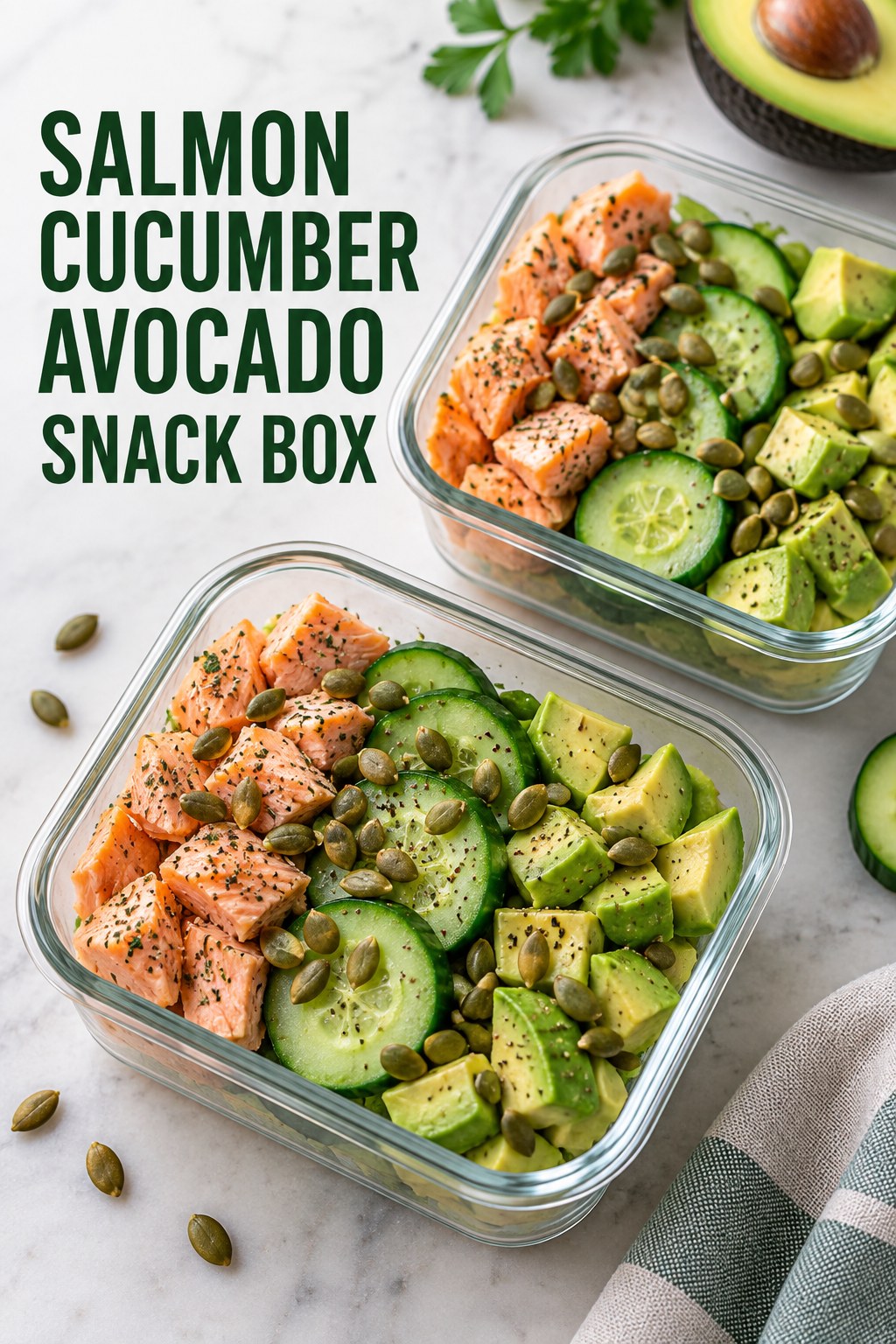 Two servings of salmon cucumber avocado snack box with salmon and cucumber.