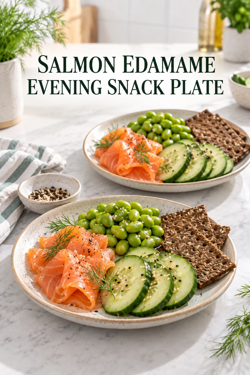 Two servings of salmon edamame evening snack plate with salmon and edamame.
