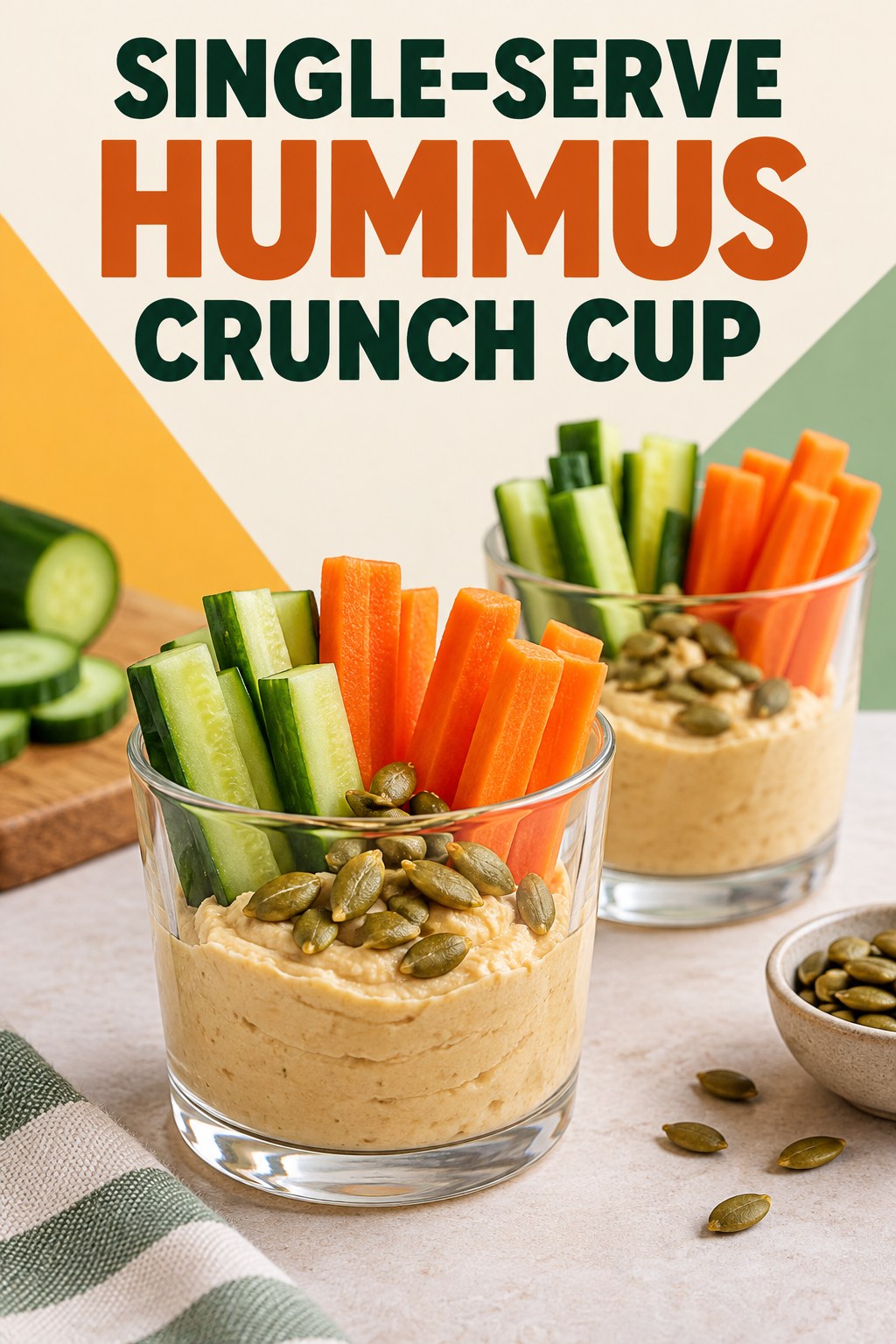 Two servings of single-serve hummus crunch cup with hummus and cucumber.