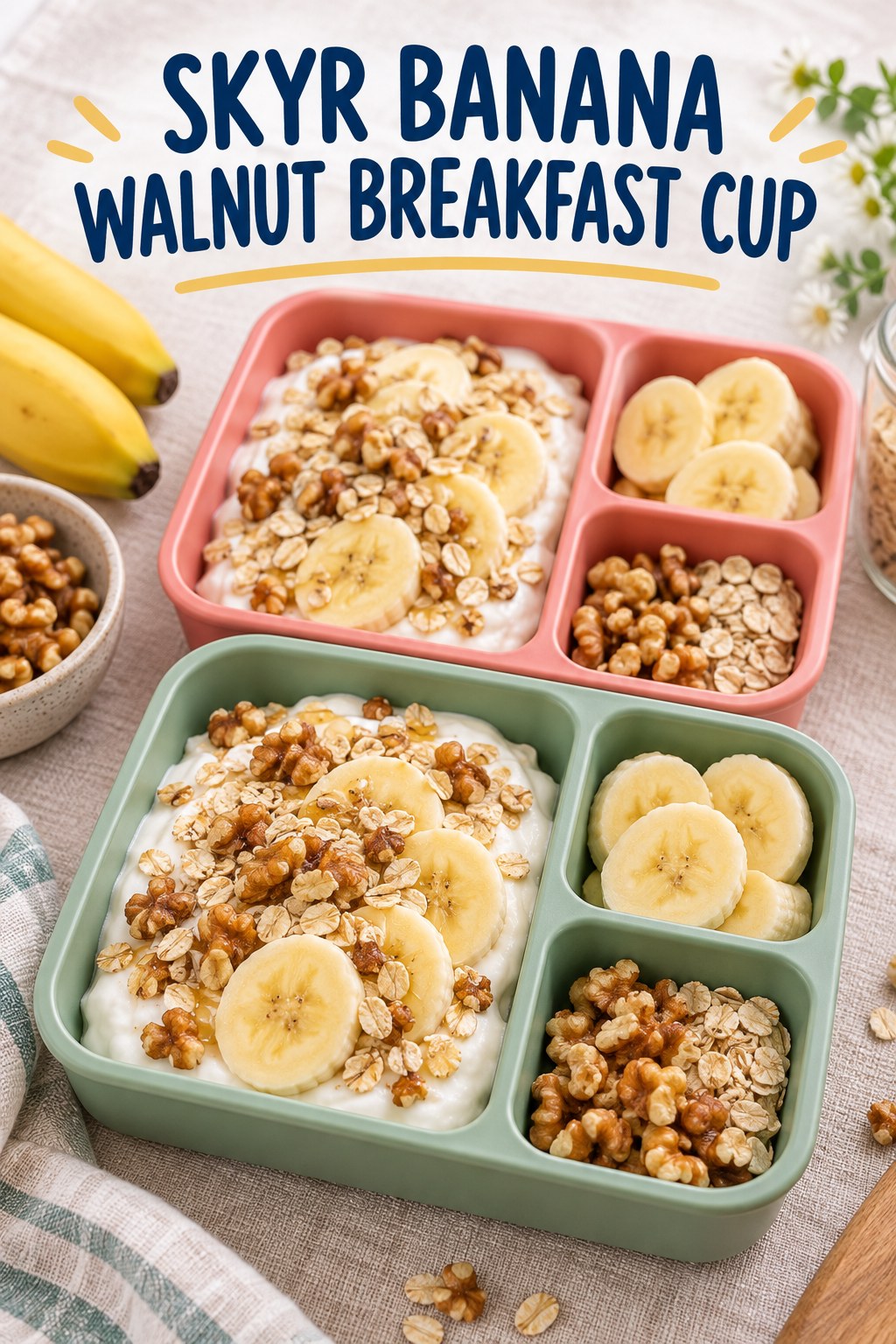 Two servings of skyr banana walnut breakfast cup with skyr and banana.