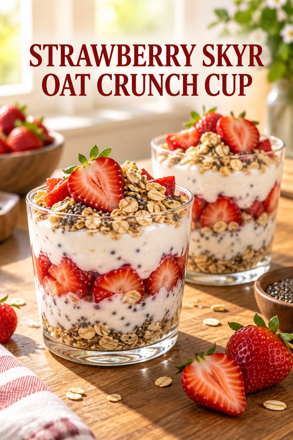 Two servings of strawberry skyr oat crunch cup with skyr and strawberries.