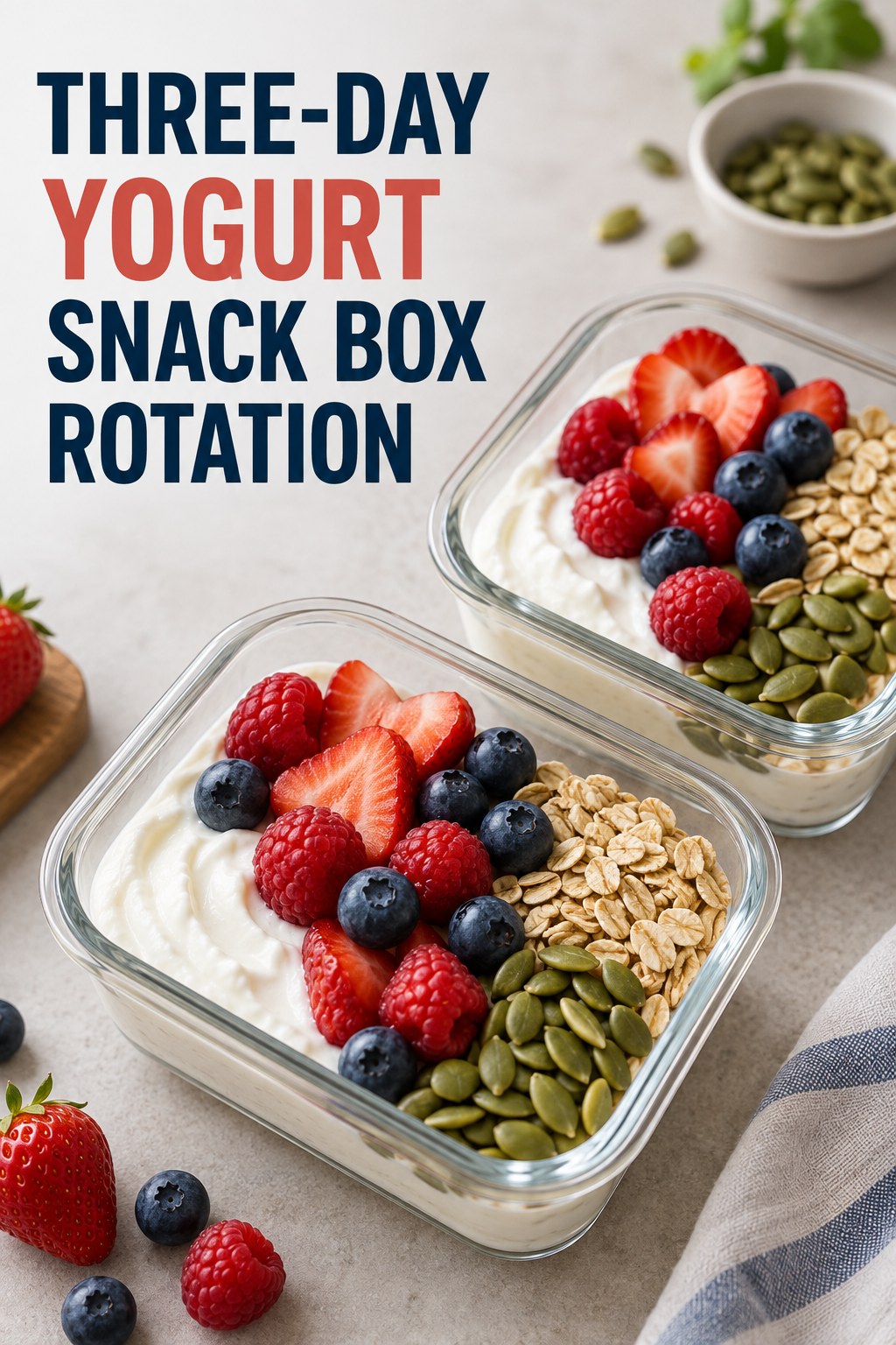 Two servings of three-day yogurt snack box rotation with Greek yogurt and berries.