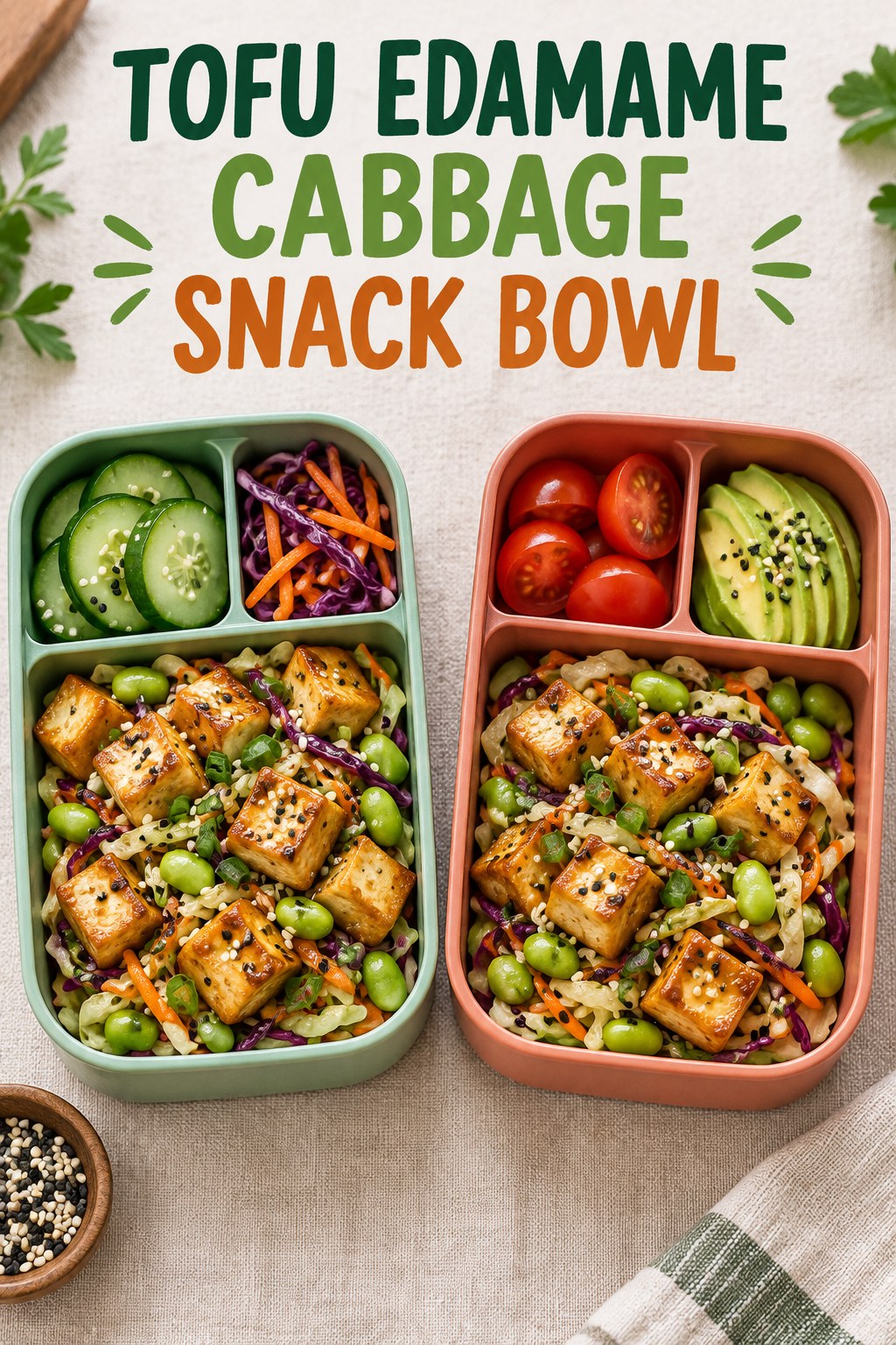 Two servings of tofu edamame cabbage snack bowl with tofu and edamame.