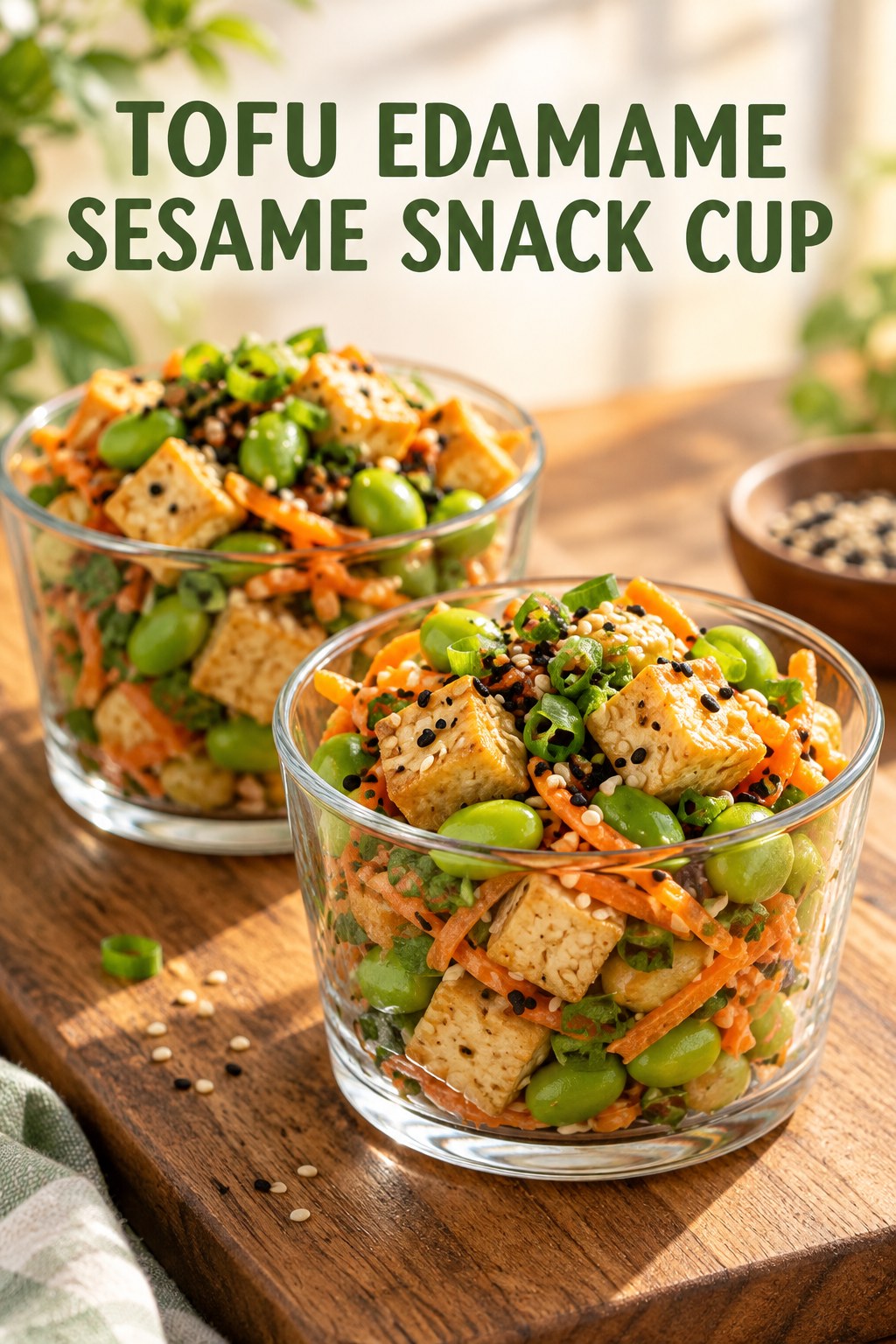 Two servings of tofu edamame sesame snack cup with tofu and edamame.