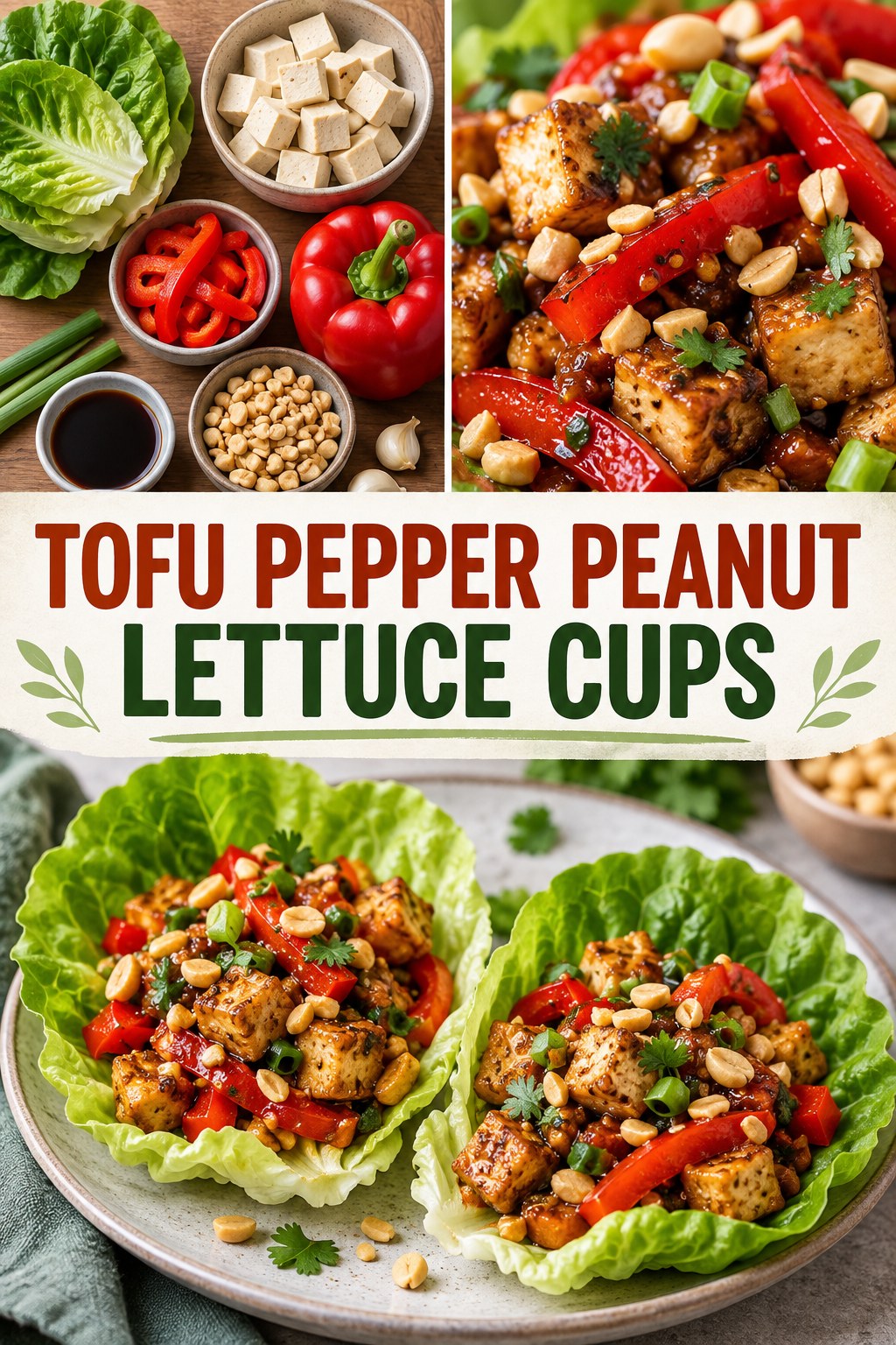 Two servings of tofu pepper peanut lettuce cups with tofu and bell pepper.