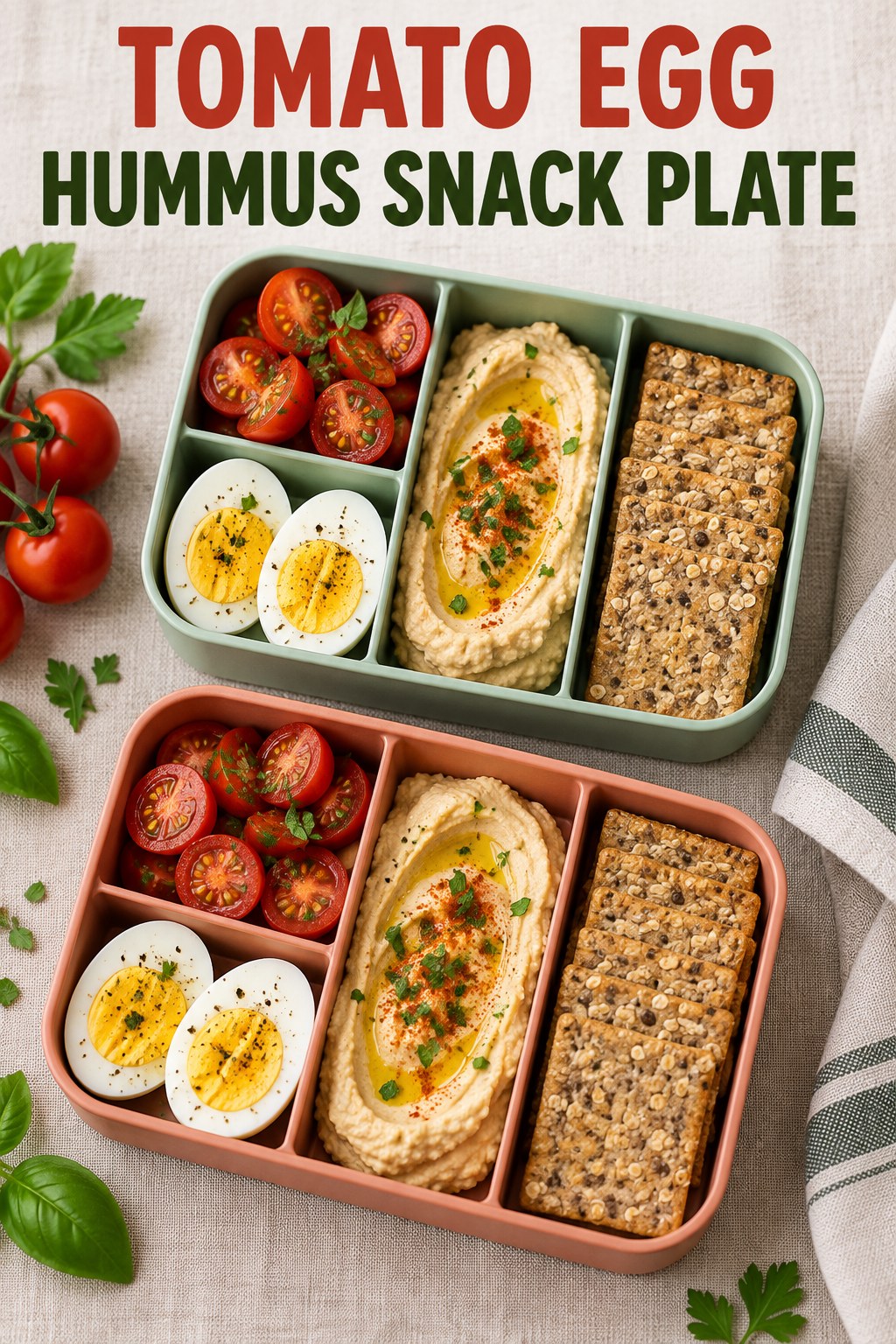 Two servings of tomato egg hummus snack plate with egg and tomato.
