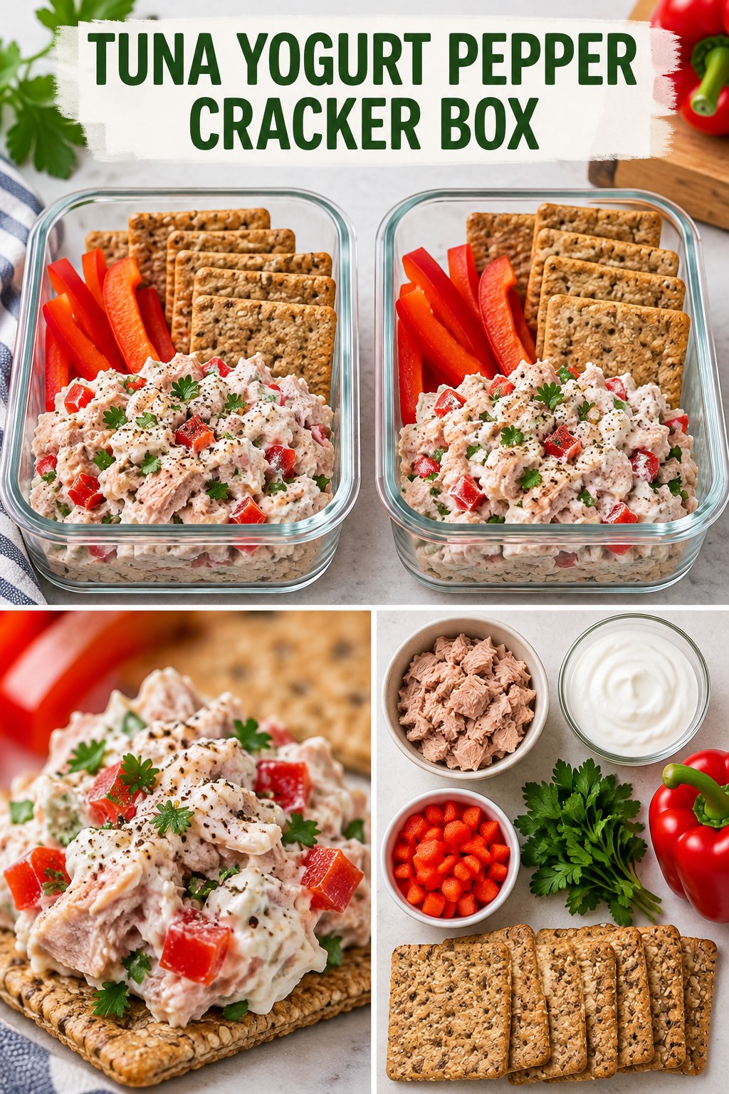Two servings of tuna yogurt pepper cracker box with tuna and Greek yogurt.