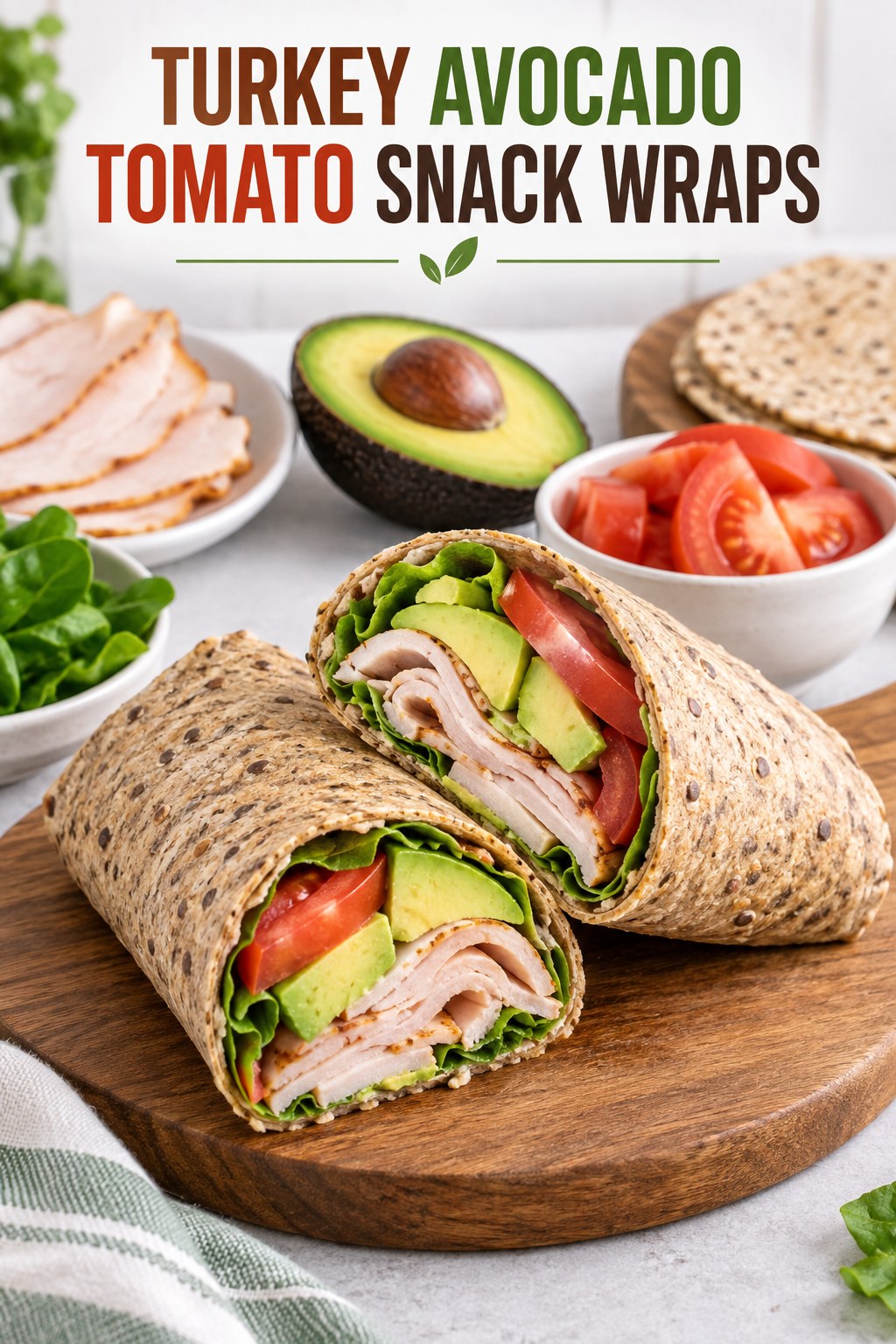 Two servings of turkey avocado tomato snack wraps with turkey and avocado.