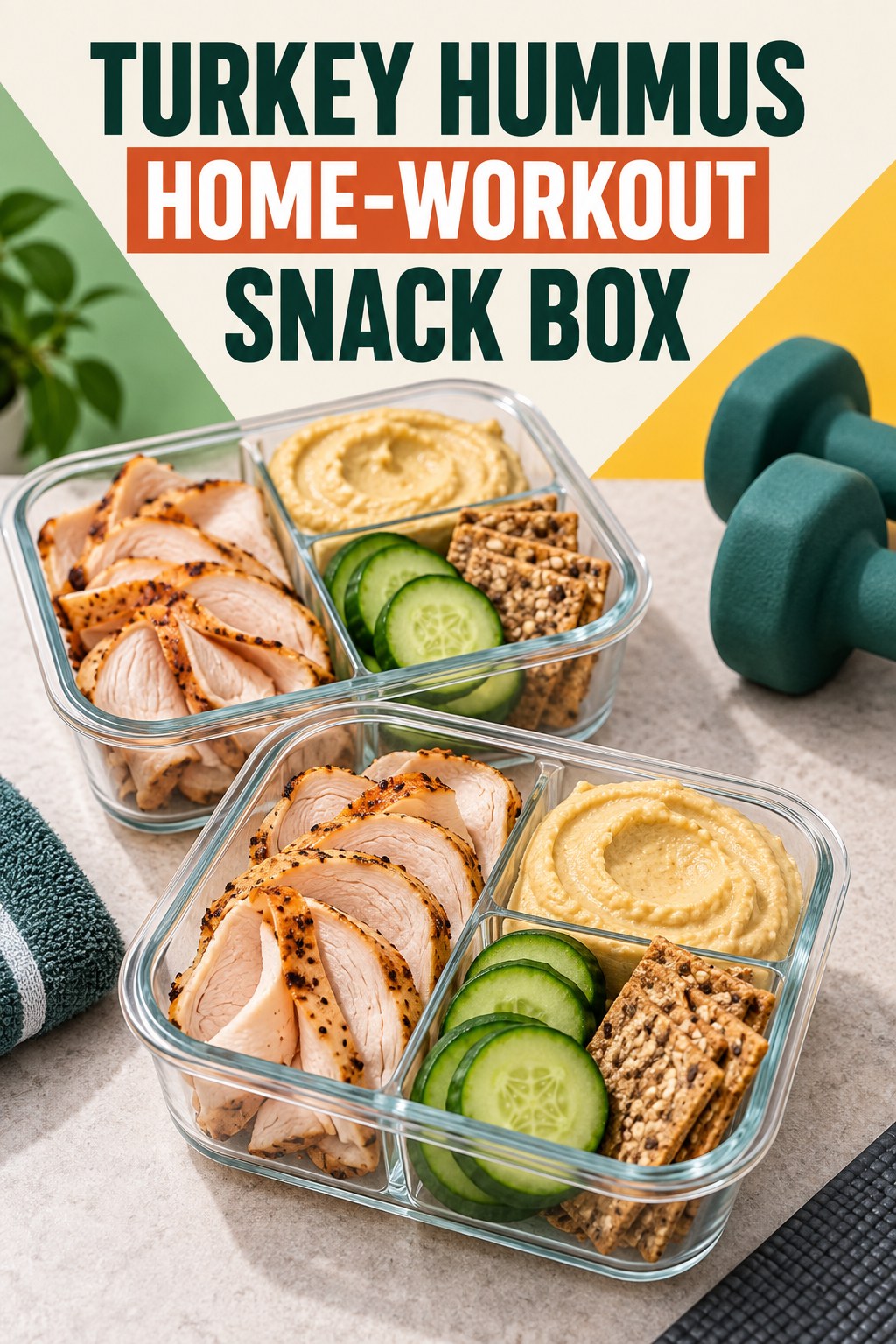 Two servings of turkey hummus home-workout snack box with turkey and hummus.
