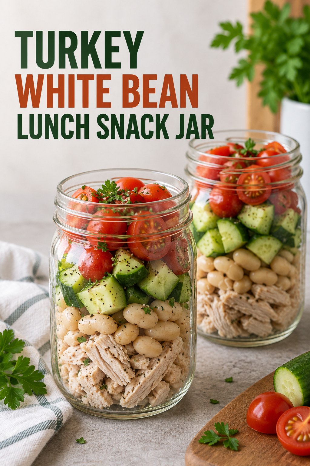 Two servings of turkey white bean lunch snack jar with turkey and white beans.