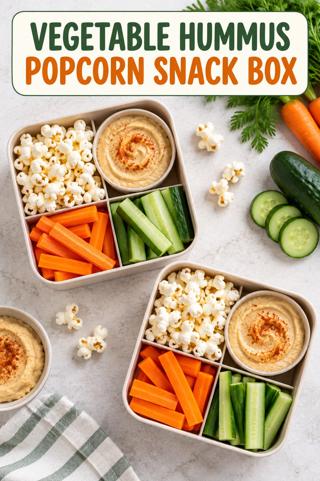 Two servings of vegetable hummus popcorn snack box with hummus and carrot.