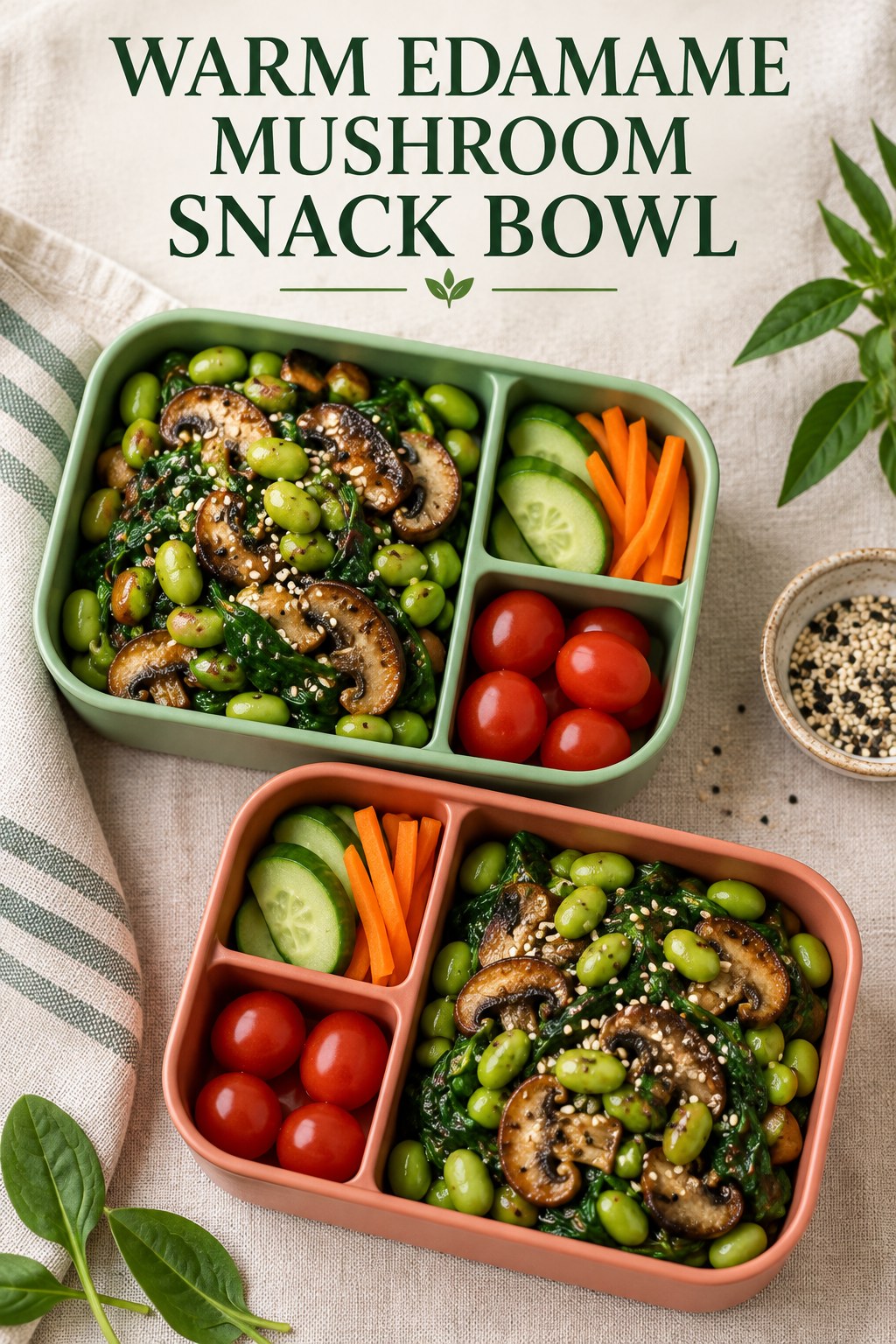 Two servings of warm edamame mushroom snack bowl with edamame and mushrooms.