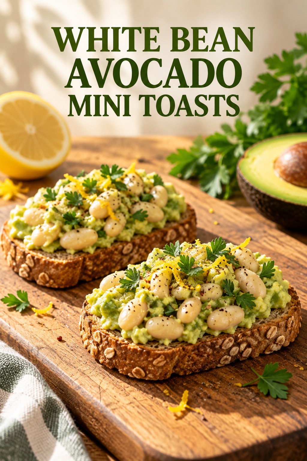 Two servings of white bean avocado mini toasts with white beans and avocado.
