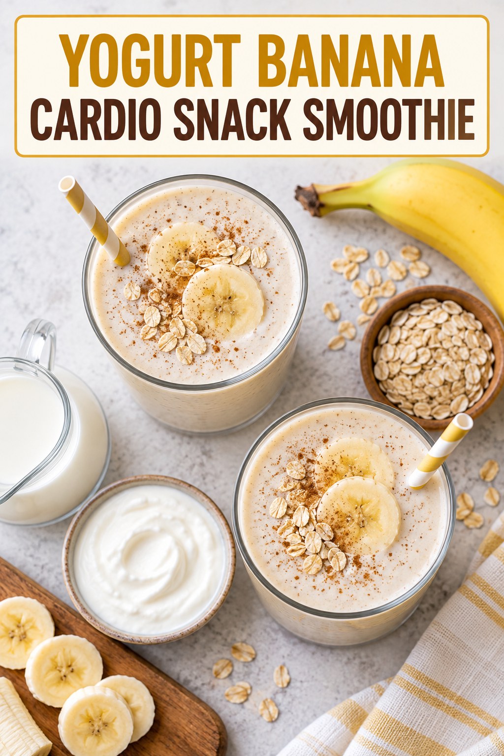 Two servings of yogurt banana cardio snack smoothie with Greek yogurt and banana.