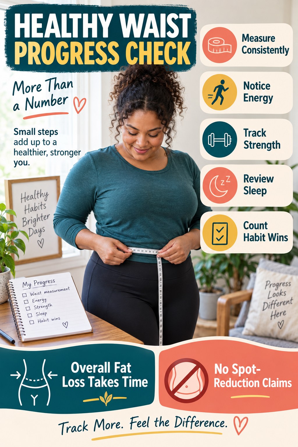 Portrait infographic showing a woman measuring her waist over clothing with five progress checks for measurements, energy, strength, sleep, and habit wins.